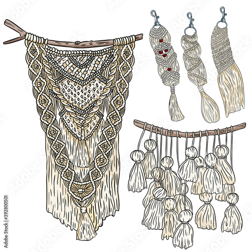 Set of macrame boho style wall hangers and keychains doodle sketches. Collection of textile knotting design elements. Simple linear modern indigenous craft