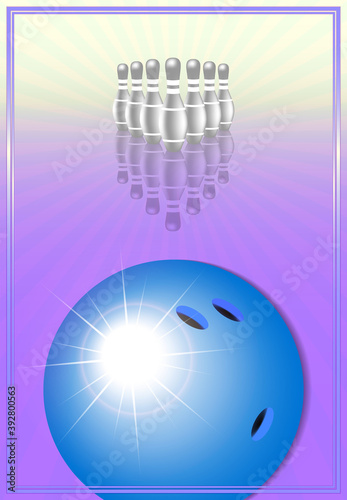 3d poster is dedicated to the game and sport of bowling. In the foreground is a ball and radiant glow. Seven skittles with reflection in a frame on a light purple background with rays. EPS10