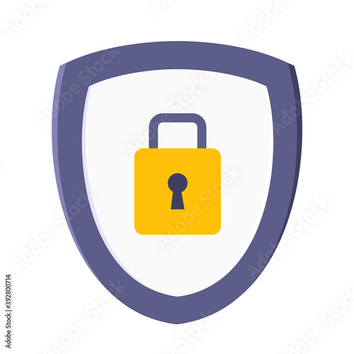 Shield with padlock on it security protection symbol. Safety lock, privacy policy and data protectiom metaphor.