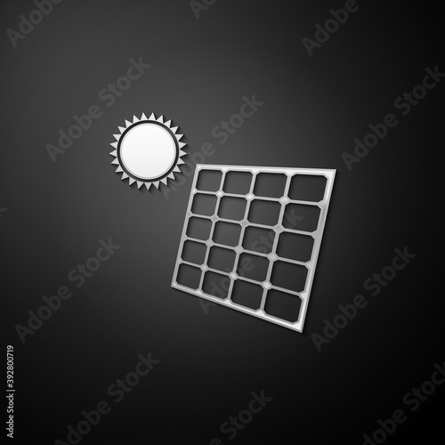 Silver Solar energy panel and sun icon isolated on black background. Long shadow style. Vector.