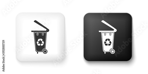 Black and white Recycle bin with recycle symbol icon isolated on white background. Trash can icon. Garbage bin sign. Recycle basket icon. Square button. Vector.