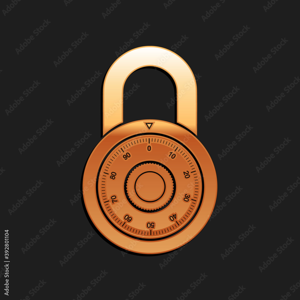 Gold Safe combination lock wheel icon isolated on black background. Combination Padlock. Protection concept. Password sign. Long shadow style. Vector. Gold Safe combination lock wheel icon isolated on black background. Combination Padlock. Protection concept. Password sign. Long shadow style. Vector.