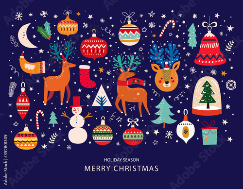 Christmas decorative collection with funny Santa Claus, Christmas toys, Christmas tree and holiday elements. Christmas greeting card
