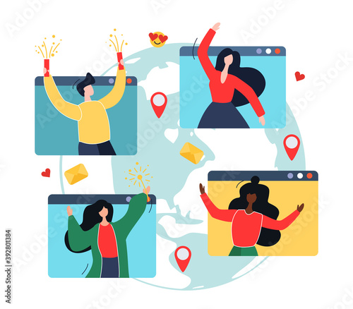 
people have a holiday online mixed man and women at computer windows fun celebration self-isolation virtual meeting concept portrait vector illustration cartoon style