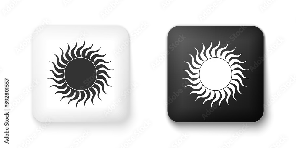 Black and white Sun icon isolated on white background. Square button. Vector. Black and white Sun icon isolated on white background. Square button. Vector.