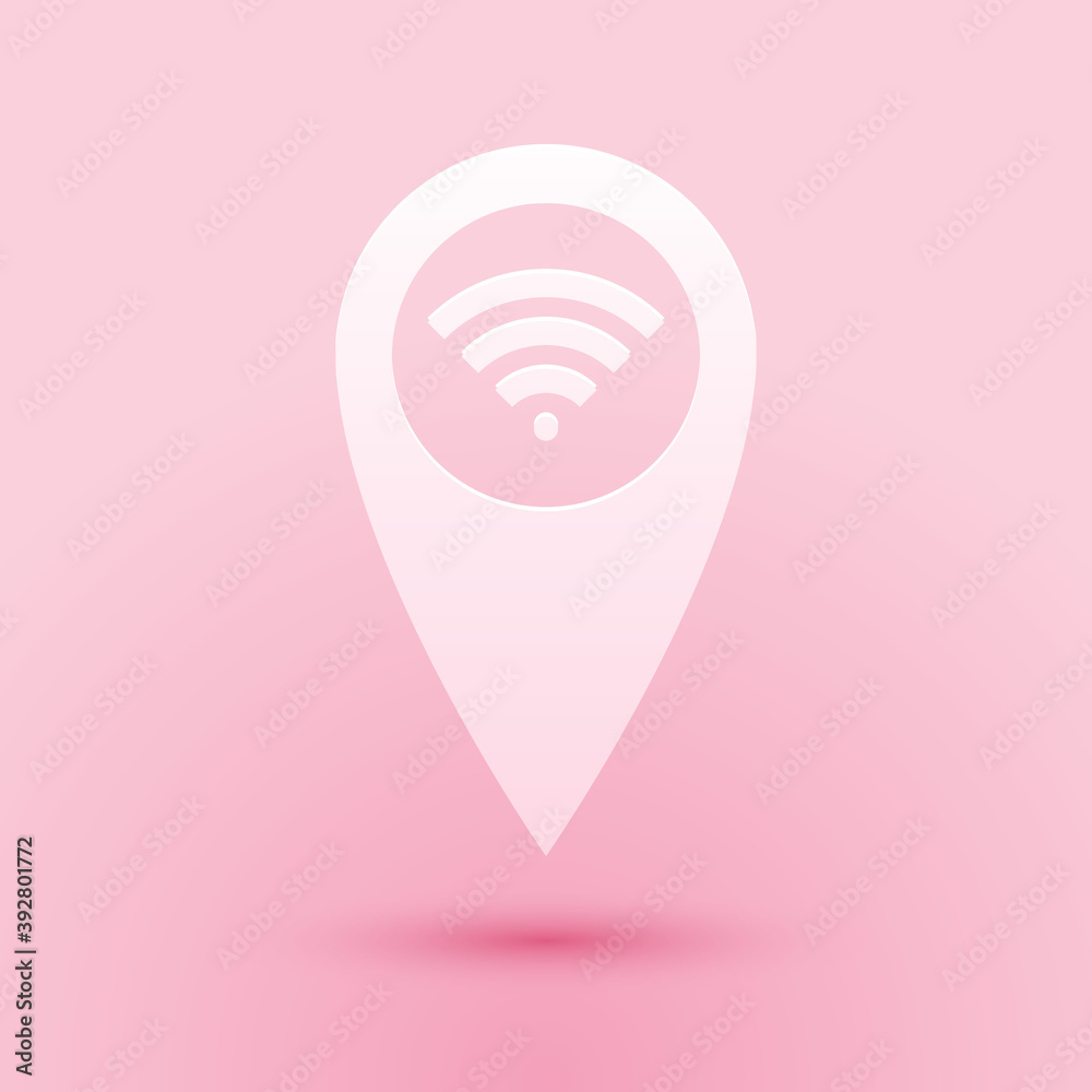 Paper cut Pointer map with wifi internet signal connection icon isolated on pink background. Paper art style. Vector. Paper cut Pointer map with wifi internet signal connection icon isolated on pink background. Paper art style. Vector.