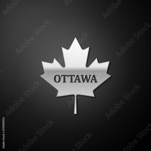 Silver Canadian maple leaf with city name Ottawa icon isolated on black background. Long shadow style. Vector.