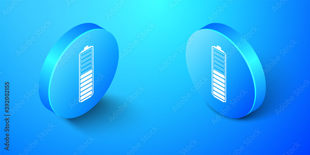 Isometric Battery charge level indicator icon isolated on blue background. Battery charging - power sign. Electricity symbol - energy sign. Blue circle button. Vector.