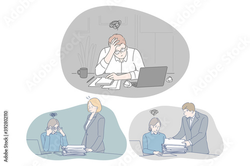 Stress, overwork, exhaustion, depression, overload concept. Unhappy depressed young people office workers sitting with heap of documents and much work and feeling stressed and tired in office 