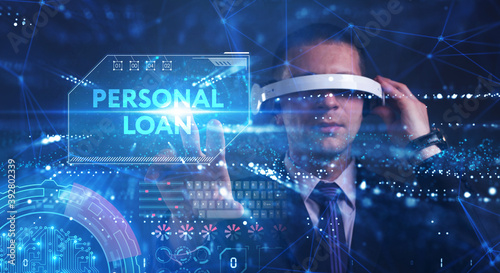 Business  Technology  Internet and network concept. Young businessman working on a virtual screen of the future and sees the inscription  Personal loan