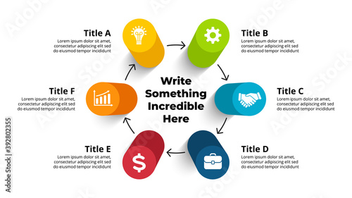 3D Vector Perspective Infographic. Presentation slide template. 6 step options with arrows. Circle diagram concept. Colorful creative info graphic design.