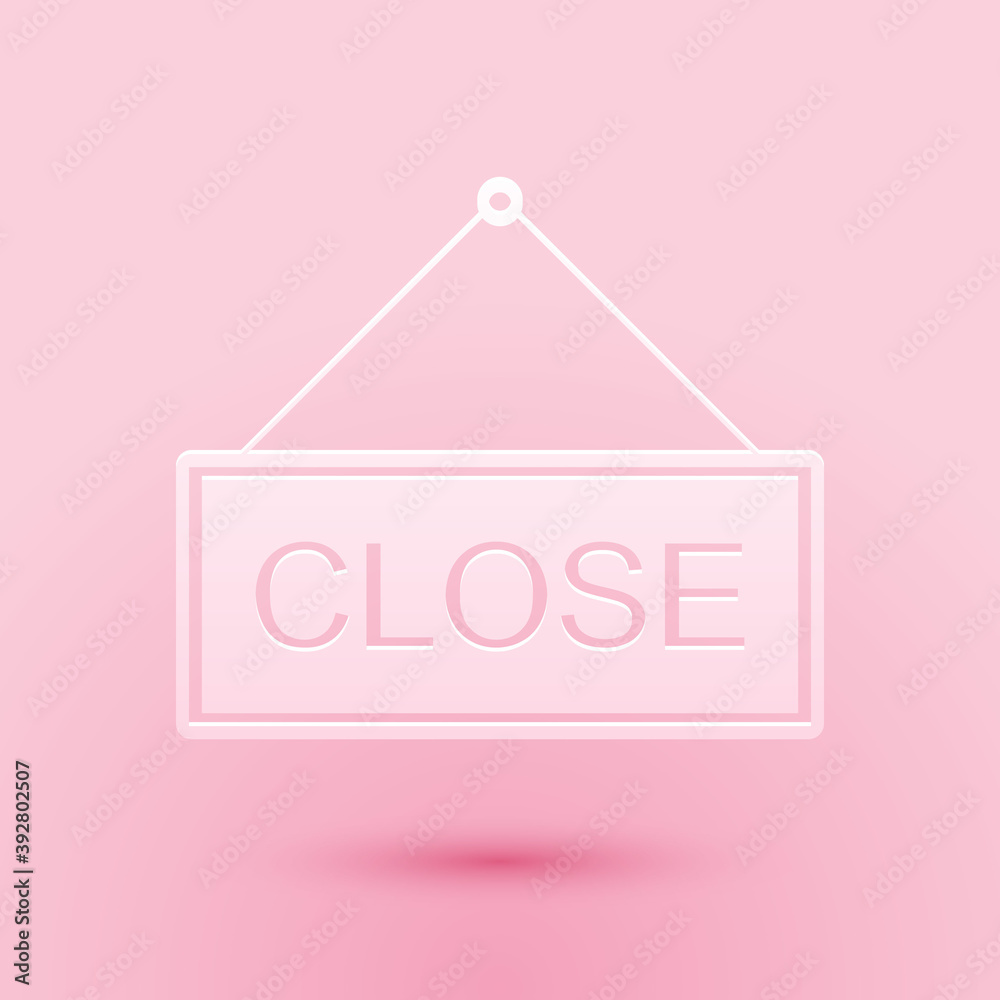 Paper cut Hanging sign with text Close icon isolated on pink background. Business theme for cafe or restaurant. Paper art style. Vector. Paper cut Hanging sign with text Close icon isolated on pink background. Business theme for cafe or restaurant. Paper art style. Vector.