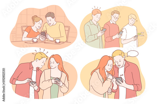 Online communication, chatting, dating concept. Smiling teen boys and girls using smartphones, searching information, sharing posts, dating, chatting, communicating online. Technologies, smartphone