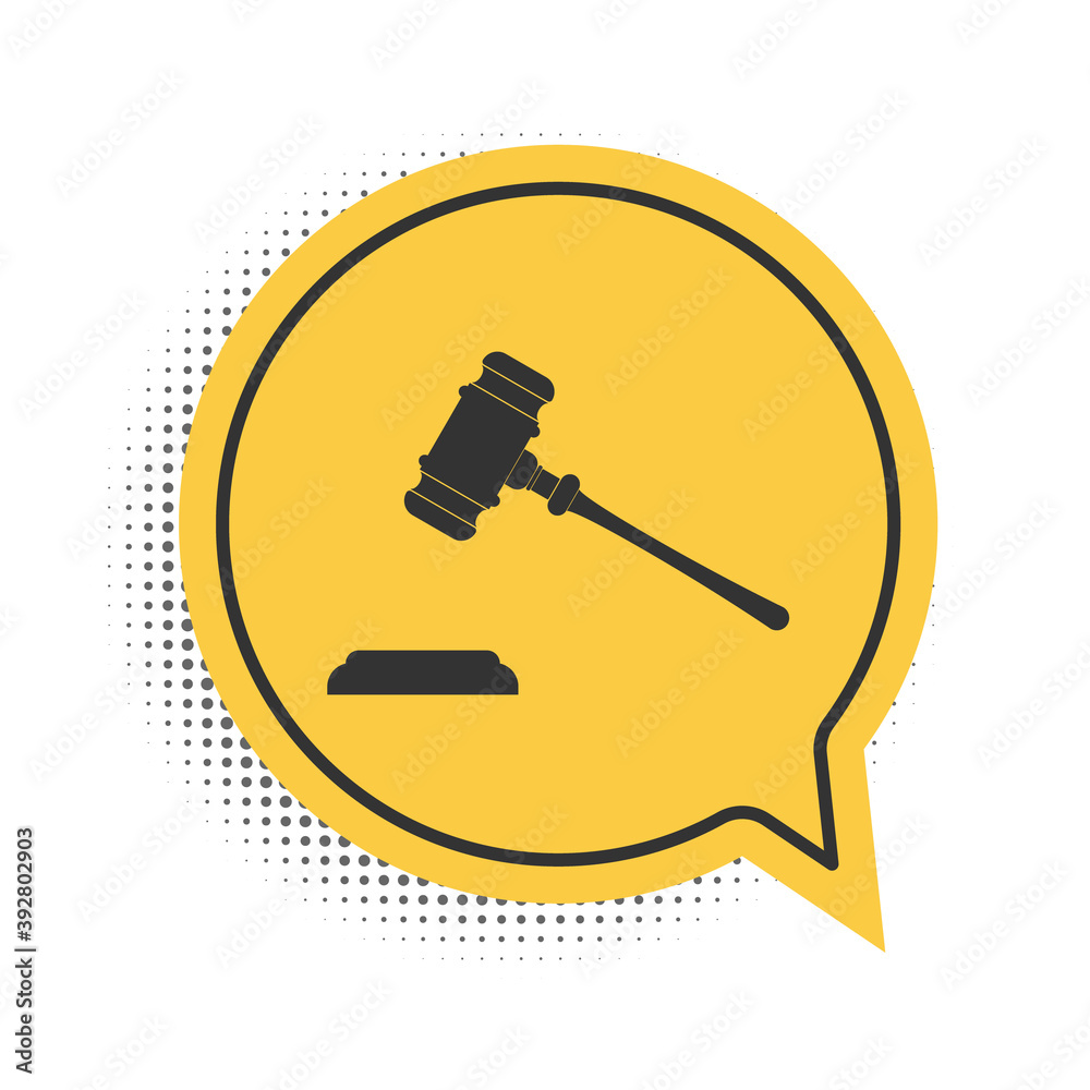 Black Judge gavel icon isolated on white background. Gavel for adjudication of sentences and bills, court, justice, with a stand. Auction hammer. Yellow speech bubble symbol. Vector. Black Judge gavel icon isolated on white background. Gavel for adjudication of sentences and bills, court, justice, with a stand. Auction hammer. Yellow speech bubble symbol. Vector.