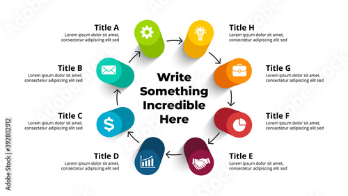 3D Vector Perspective Infographic. Presentation slide template. 8 step options with arrows. Circle diagram concept. View from above.
