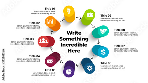 3D Vector Perspective Infographic. Presentation slide template. 9 step options with arrows. Circle diagram concept. Colorful creative info graphic design.
