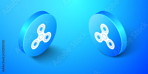 Isometric Fidget spinner icon isolated on blue background. Stress relieving toy. Trendy hand spinner. Blue circle button. Vector.