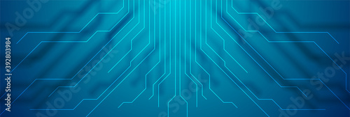 Bright blue circuit board chip lines tech background. Technology vector banner design