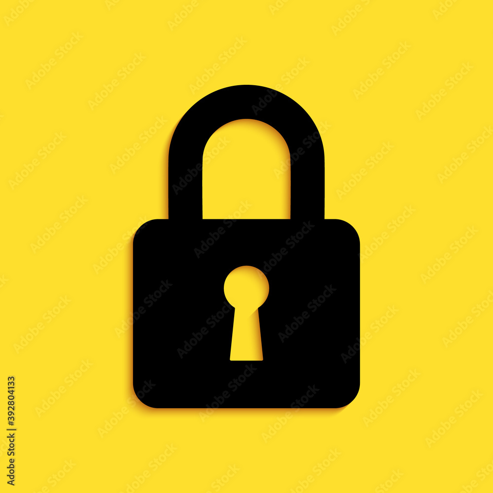 Black Lock icon isolated on yellow background. Padlock sign. Security, safety, protection, privacy concept. Long shadow style. Vector. Black Lock icon isolated on yellow background. Padlock sign. Security, safety, protection, privacy concept. Long shadow style. Vector.