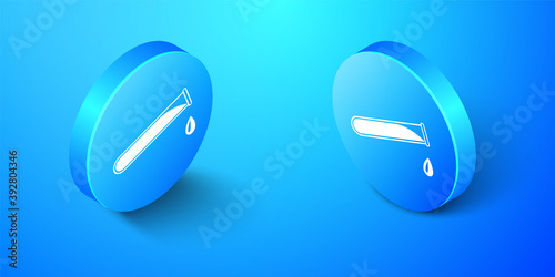 Isometric Test tube and flask - chemical laboratory test icon isolated on blue background. Blue circle button. Vector.