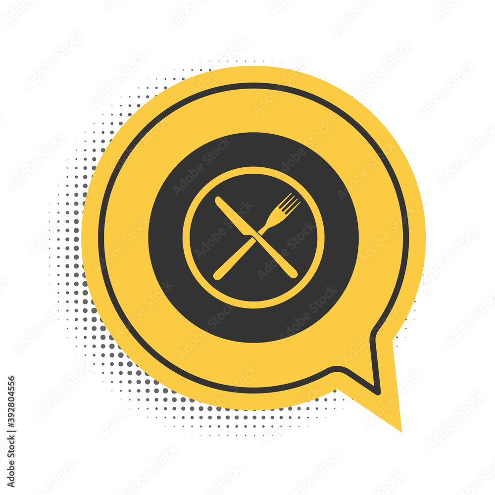 Black Crossed fork and knife on plate icon isolated on white background. Restaurant symbol. Yellow speech bubble symbol. Vector. Black Crossed fork and knife on plate icon isolated on white background. Restaurant symbol. Yellow speech bubble symbol. Vector.