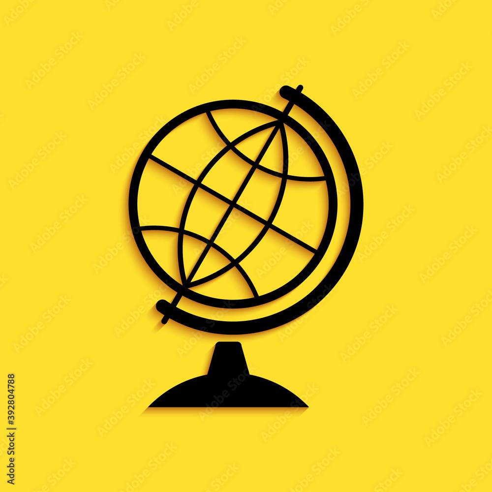 Black Earth globe icon isolated on yellow background. Long shadow style. Vector. Black Earth globe icon isolated on yellow background. Long shadow style. Vector.