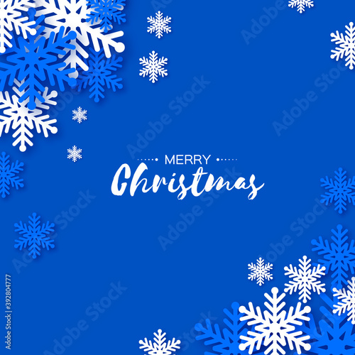 Merry Christmas and Happy New Year. White snowflakes in paper cut style. Space for text. Circle frame. Winter time. Holidays.