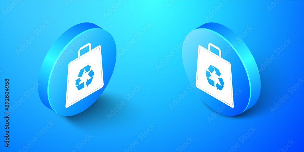 Isometric Paper shopping bag with recycle icon isolated on blue background. Bag with recycling symbol. Blue circle button. Vector. Isometric Paper shopping bag with recycle icon isolated on blue background. Bag with recycling symbol. Blue circle button. Vector.