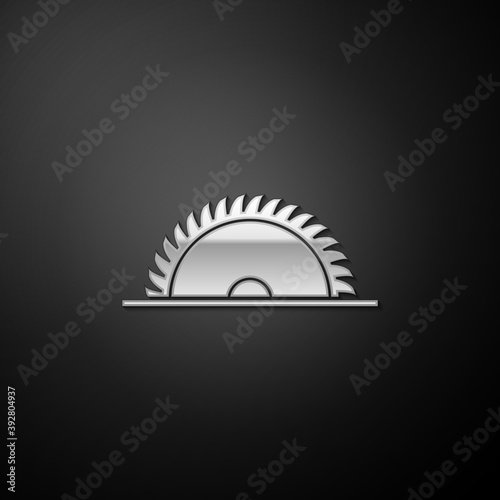 Silver Circular saw blade icon isolated on black background. Saw wheel. Long shadow style. Vector.