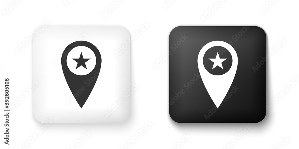 Black and white Map pointer with star icon isolated on white background. Star favorite pin map icon. Map markers. Square button. Vector. Black and white Map pointer with star icon isolated on white background. Star favorite pin map icon. Map markers. Square button. Vector.