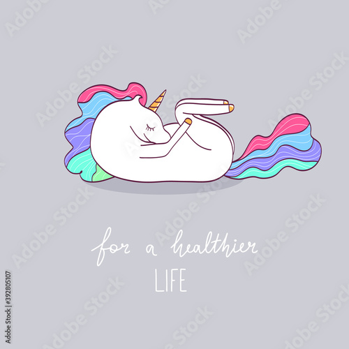 Vector cute unicorn doing yoga exercise. photo