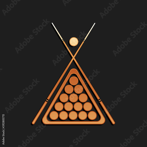 Gold Billiard cue and balls in a rack triangle icon isolated on black background. Long shadow style. Vector.
