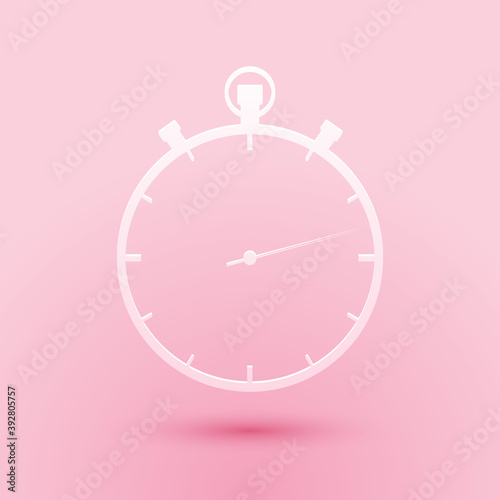 Paper cut Stopwatch icon isolated on pink background. Time timer sign. Paper art style. Vector.