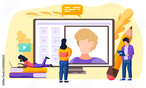 Video conference and online conversation vector concept. People connecting together, learning or meeting online. Work from home. Illustration of communication screen conference, videoconferencing