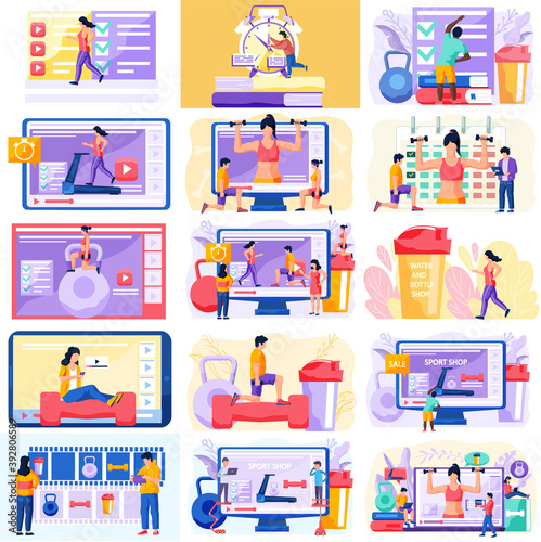Fitness online course concept. People doing exercise at home in online classes using internet, scenes set. Regular sports, cardio and bodybuilding classes . Healthy lifestyle, active time spending