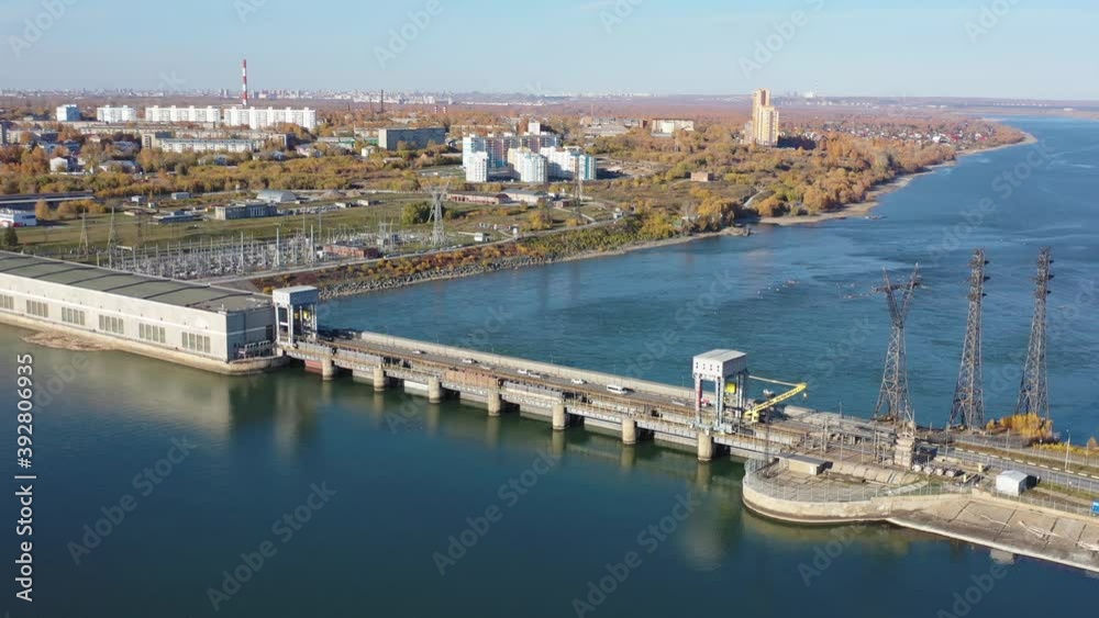 Aerial static video view of Novosibirsk hydroelectric power plant station on the Ob River. Aerial static video view of Novosibirsk hydroelectric power plant station on the Ob River.