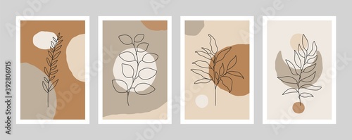 Abstract botanical posters. Floral wall art print, minimal plant set for card, wallpaper, cover, natural line drawing, vector illustration
