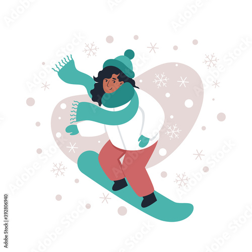 Woman snowboarding in winter, vector illustration in flat style