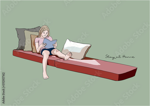 Vector Illustration of Girl / Woman Reading Book on Sofa, Stay at Home