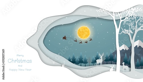 Merry Christmas and Happy new year greeting card,night scene winter background with Santa Claus flying on sleigh pulled by reindeer over forest