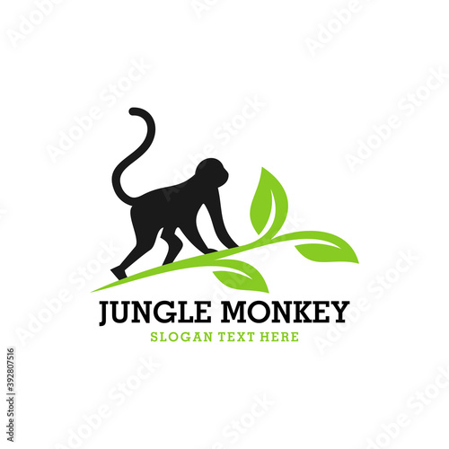 Monkey Leaf Cute Illustration Vector Silhouette Logo, monkey logo on a tree branch with some leaves decorate it, Monkey Fun Green Leaf Creative Vector Logo Design