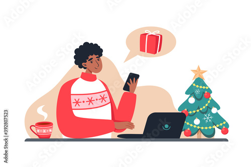 Man buys gifts in an online store, New Year's and Christmas online shopping from home. Vector illustration