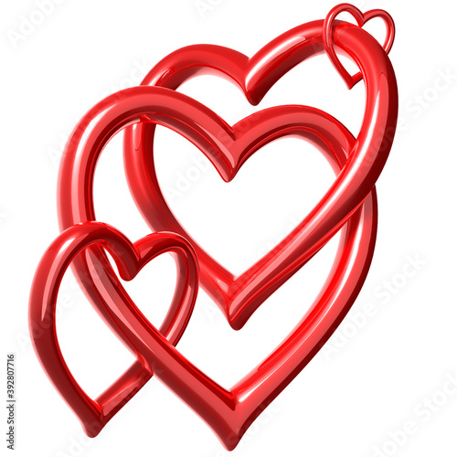 3D illustration of many connected red hearts  isolated on white background.
