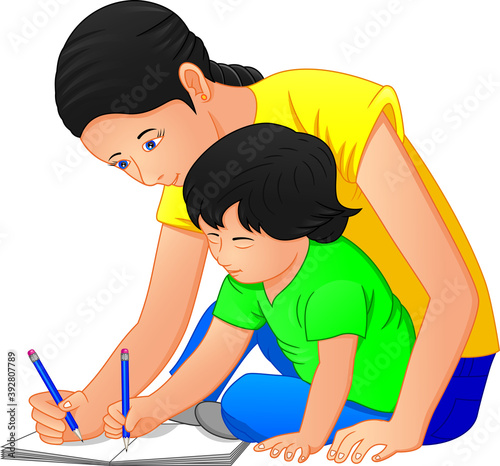 cute boy studying with his mother