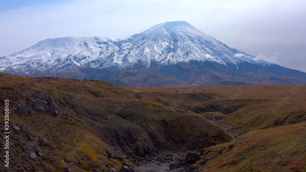 Volcano Plosky Tolbachik. Mountain landscape. Aerial view of the amazing nature of Kamchatka.