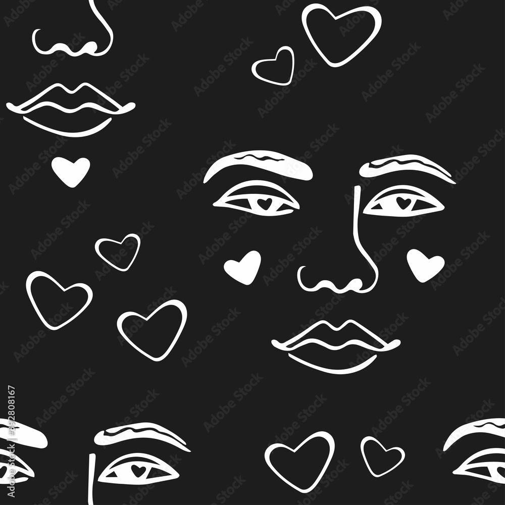Vector seamless face pattern. Faces and hearts drawn in a white contour on a black background design for printing on textiles, paper, packaging, wallpaper. Vector seamless face pattern. Faces and hearts drawn in a white contour on a black background design for printing on textiles, paper, packaging, wallpaper.