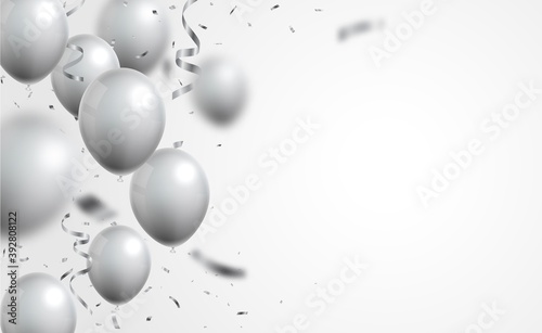 silver balloons and confetti on white background