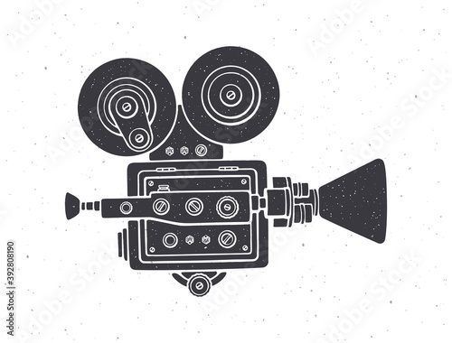 Silhouette of retro cinema camera. Vector illustration. Old fashioned movie camera. Symbol of the film industry. Clipart for signboards, showcases, posters. Isolated white background