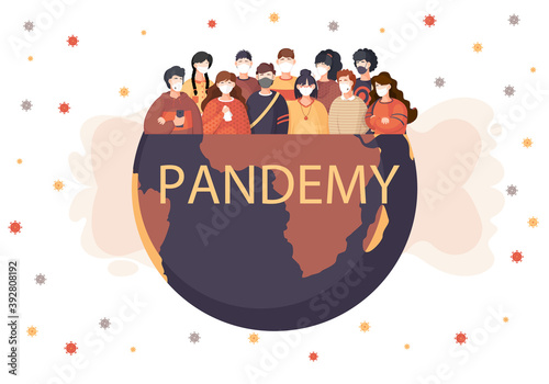 World global coronavirus pandemic. People in virus protective mask. Quarantine during an epidemic. A group of students are trying to avoid the spread of Covid-19. The planet confronts disease