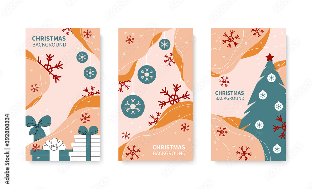 Set of Christmas posters with stylized gifts, tree and balls. Flat graphic design of Stories in pastel colors. Place for text. Vector illustration